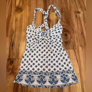 Free People Y2K Boho Halter Top Blue White Floral Twist Front Small